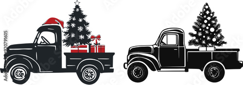 Set of holiday trucks that carry a Christmas tree, Vector Design, white background