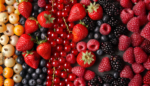 Different ripe fruits and berries as background, top view