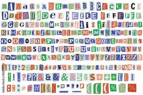 Ransom letters notes collage style vector alphabet. Cut Out Blackmail Ransom Kidnapper Anonymous Note Font. English Letters, Numbers and punctuation marks. Criminal ransom letters. Compose your own
