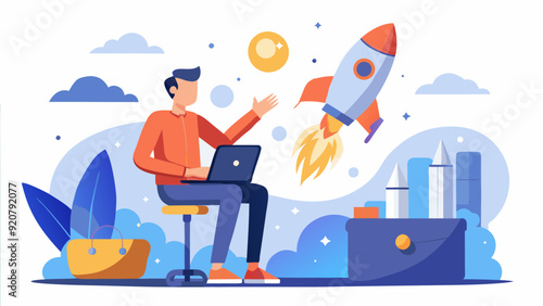 Solo entrepreneur working alone or startup owner, founder or entrepreneur, independent developer, freelancer concept, businessman entrepreneur launching company rocket