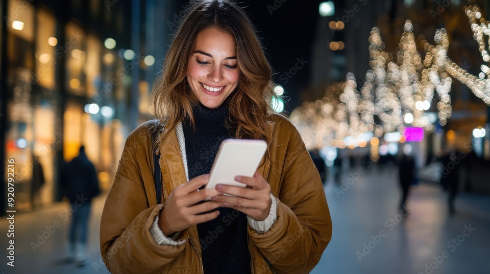 A woman is smiling as she checks her smartphone on a bustling city street lit with festive lights on a cold evening, dressed warmly in a brown coat. A woman is smiling as she checks her smartphone on a bustling city street lit with festive lights on a cold evening, dressed warmly in a brown coat.