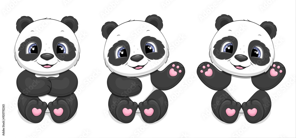 Fototapeta premium Set of cute cartoon pandas. Vector animal illustration isolated on white.
