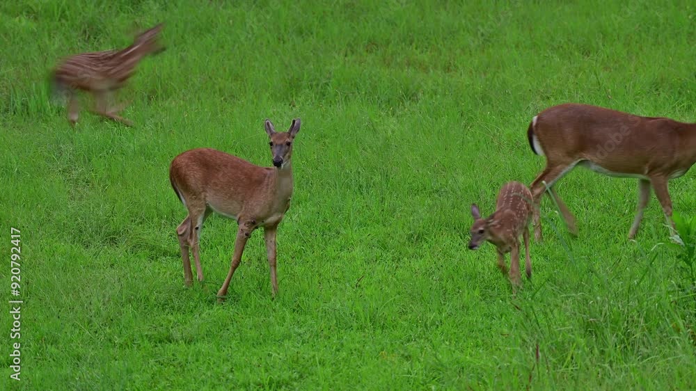 Small herd of Whitetail deer grazing in field of grass Small herd of Whitetail deer grazing in field of grass