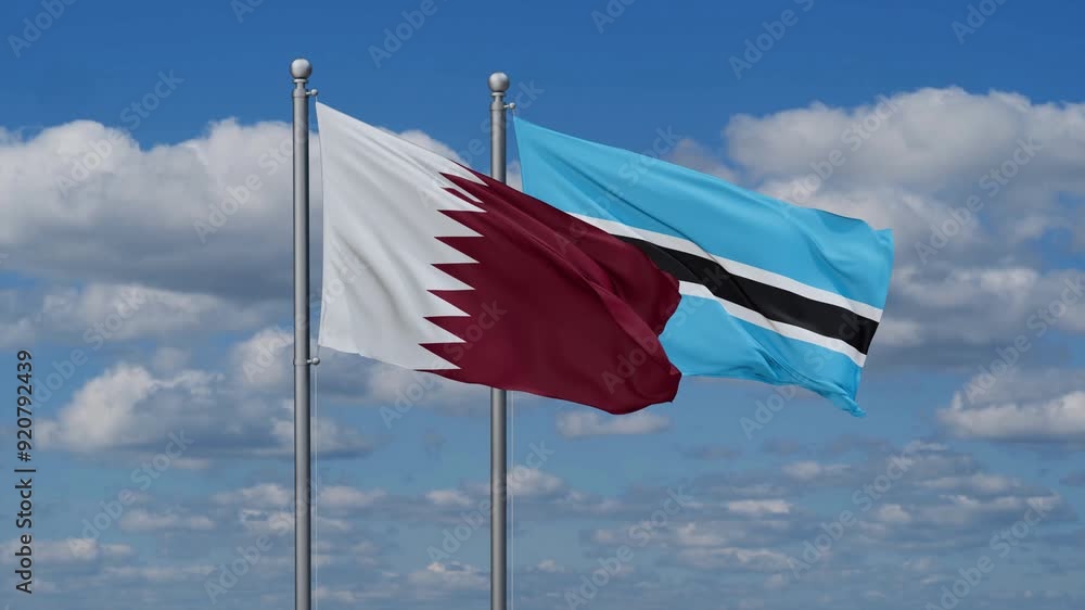 Botswana and Qatar flags flying together, video concept of the relationship, two country relations concept Botswana and Qatar flags flying together, video concept of the relationship, two country relations concept
