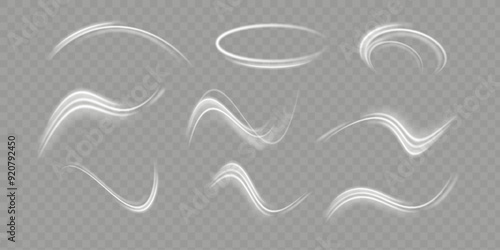 Glowing white speed lines. Light trace wave, path trace line and rotation. Abstract lines of movement.Texture of cold winter wind.