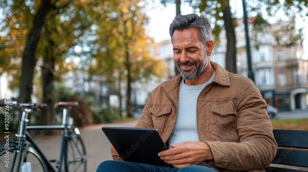 A bearded man sits on a park bench beside his bicycle, holding a tablet and wearing a brown jacket, enjoying his time in a serene outdoor environment. A bearded man sits on a park bench beside his bicycle, holding a tablet and wearing a brown jacket, enjoying his time in a serene outdoor environment.