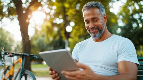 A smiling man in a white shirt sits on a bench in a sunny green park, holding and interacting with a tablet, while his bicycle is parked nearby.