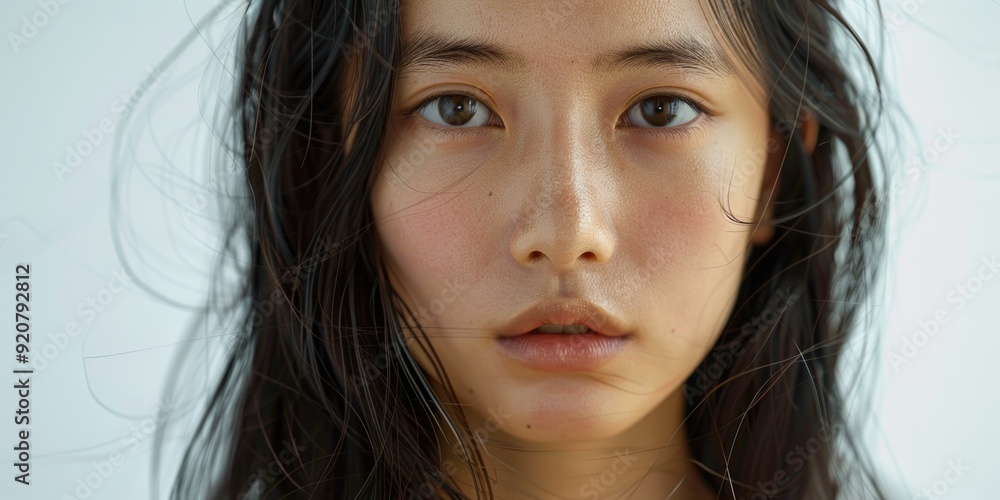 The image is a digital art photograph featuring the profile of a young woman with an innocent expression. The background is textured, adding depth to the image The image is a digital art photograph featuring the profile of a young woman with an innocent expression. The background is textured, adding depth to the image