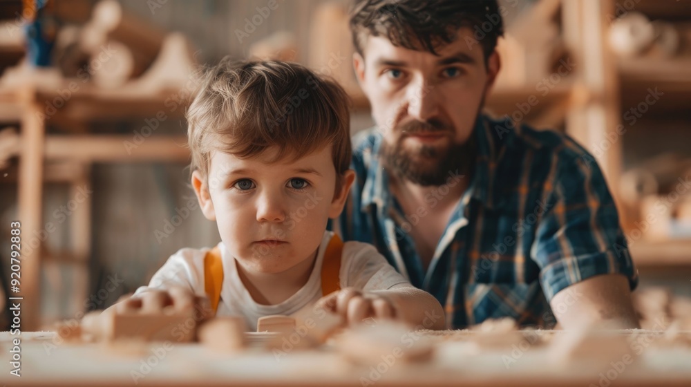Portrait of a father and son working on woodworking projects together in a cozy well equipped workshop The image captures the depth of field showcasing the focus and on their hands as they craft Portrait of a father and son working on woodworking projects together in a cozy well equipped workshop The image captures the depth of field showcasing the focus and on their hands as they craft