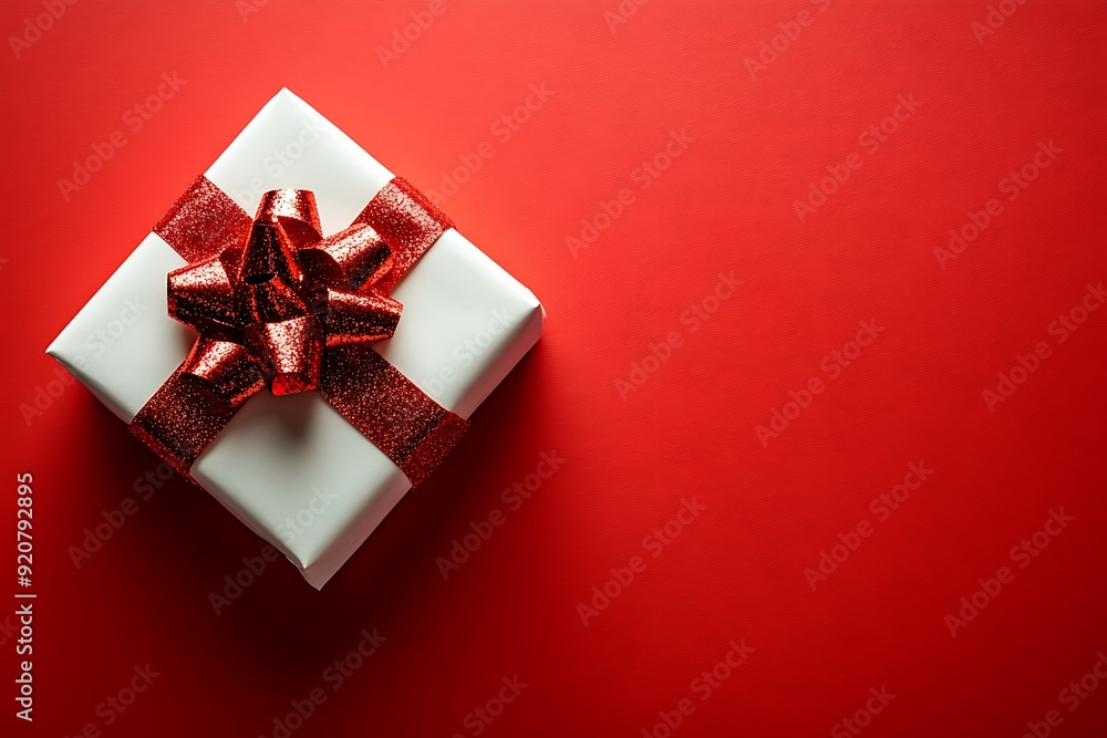 gift box on red background with copy space, christmas greeting card gift box on red background with copy space, christmas greeting card