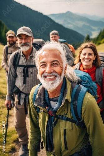Smiling group of people on hiking adventure in mountainous region, enjoying nature and camaraderie.