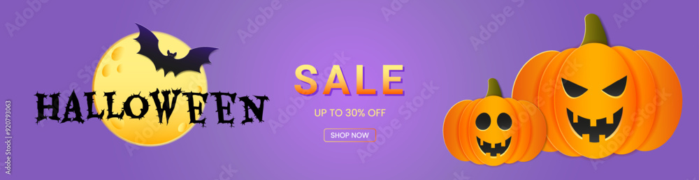 Fototapeta premium Halloween greeting banner with cutest pumpkins and bats on purple background. Design template for advertising, web, social media. Vector illustration in cut paper style
