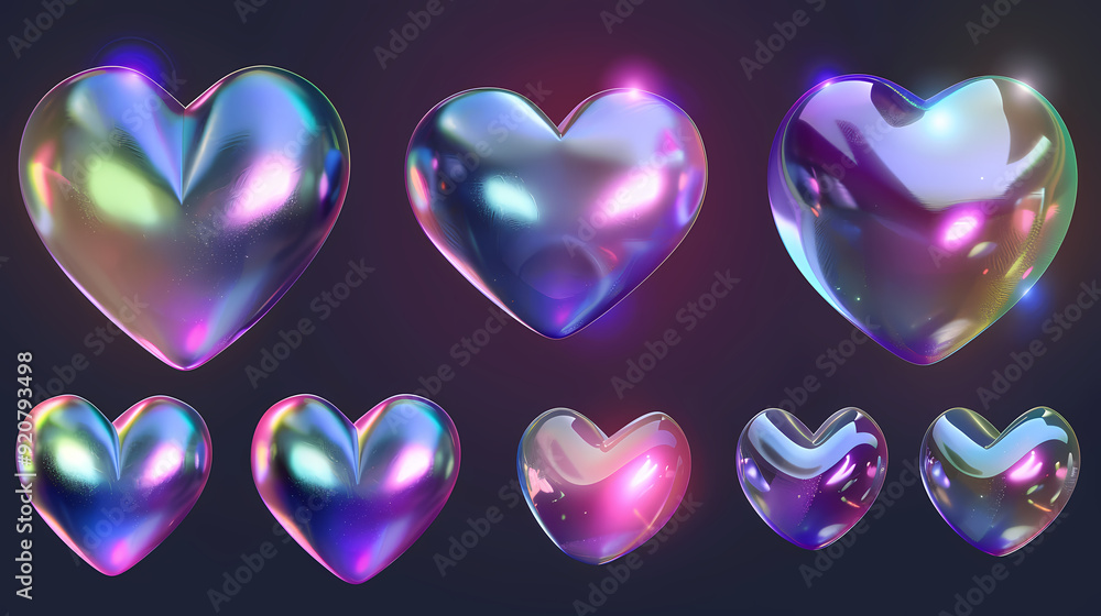 3d holographic hearts set isolated on dark background 3d holographic hearts set isolated on dark background