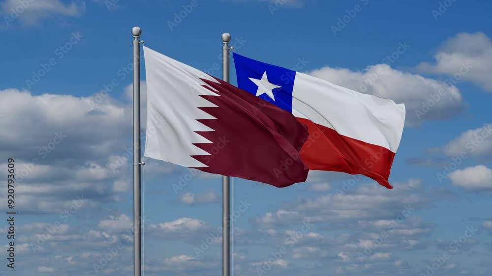 Chile and Qatar flags flying together, video concept of the relationship, two country relations concept Chile and Qatar flags flying together, video concept of the relationship, two country relations concept