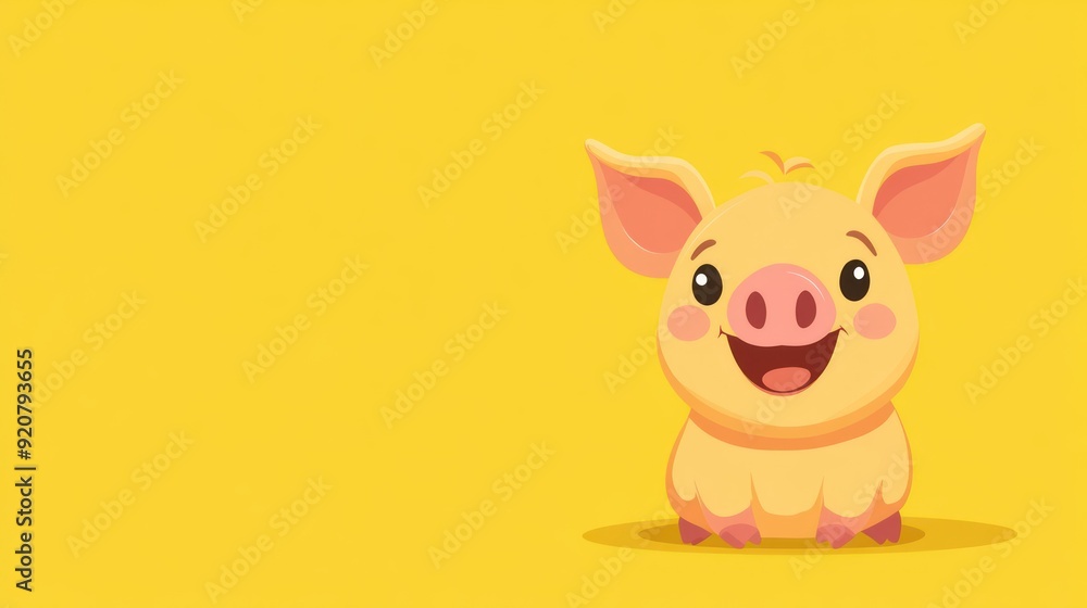 Cute cartoon pig with big eyes and a smile on a yellow background. Cute cartoon pig with big eyes and a smile on a yellow background.