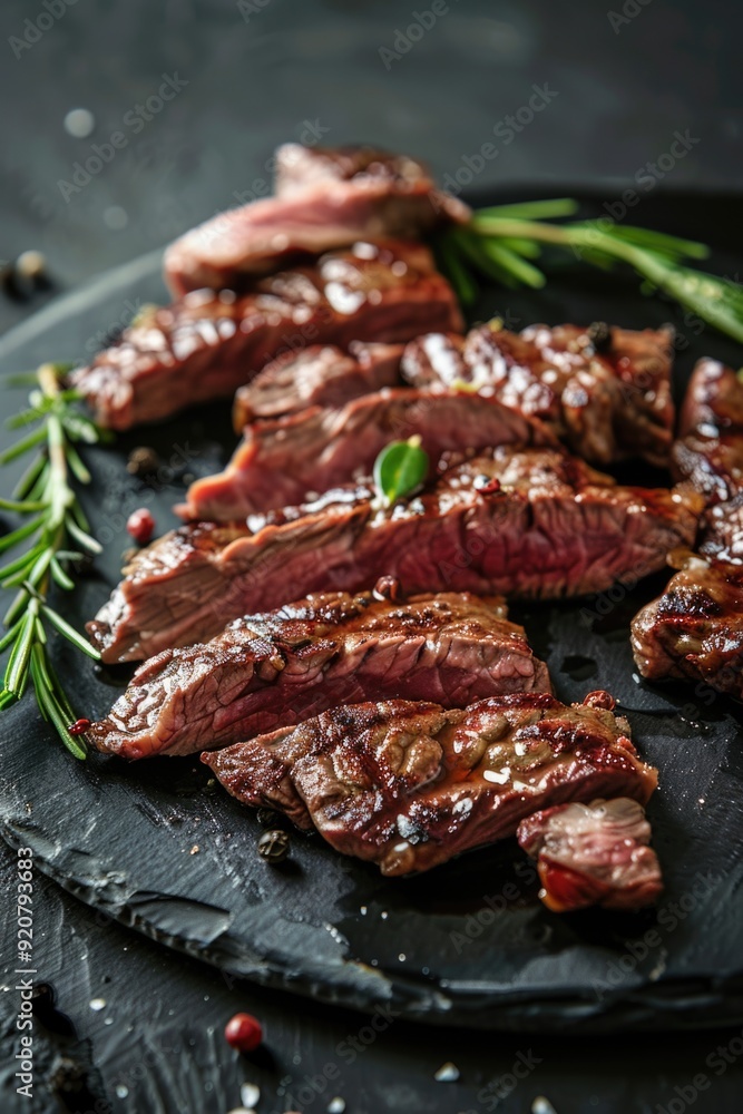 A plate of cooked, seasoned beef strips garnished with herbs and peppercorns. A plate of cooked, seasoned beef strips garnished with herbs and peppercorns.