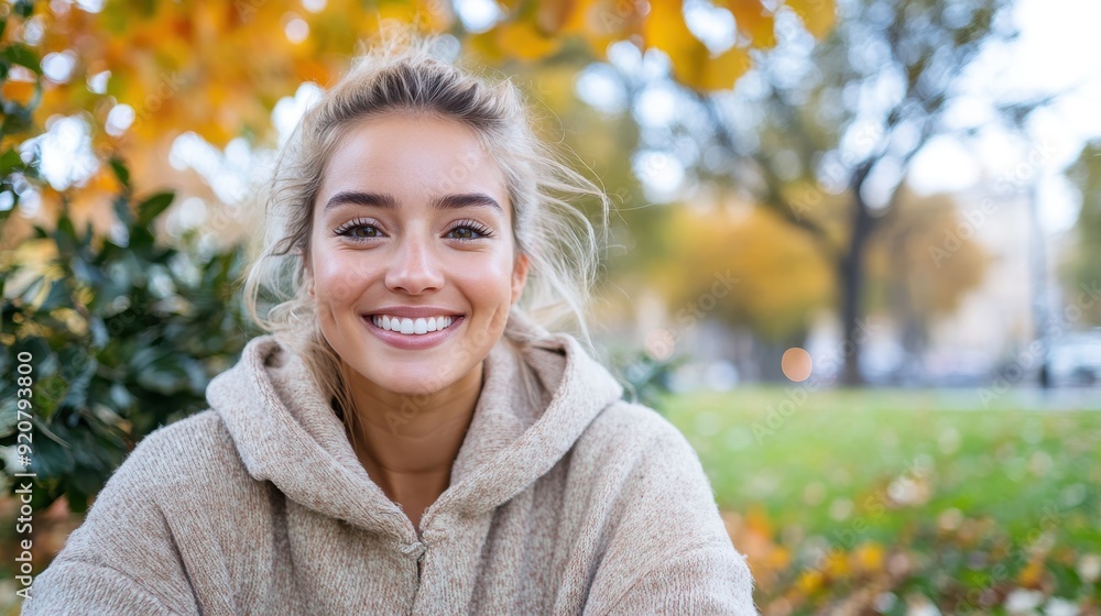 A young woman with a wide smile and golden autumn leaves in the background, enjoying the crisp air and the natural beauty of an outdoor park in fall. A young woman with a wide smile and golden autumn leaves in the background, enjoying the crisp air and the natural beauty of an outdoor park in fall.