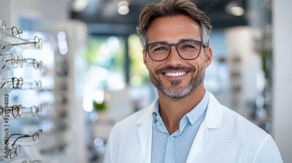 A cheerful, gray-haired male optician in a white coat stands in his store, showcasing a range of eyeglasses on the display behind him, conveying professionalism and confidence. A cheerful, gray-haired male optician in a white coat stands in his store, showcasing a range of eyeglasses on the display behind him, conveying professionalism and confidence.