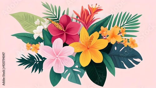 colorful tropical flowers on a pink background