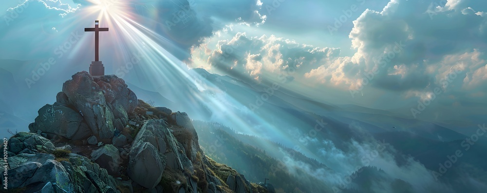 Obraz premium A Cross atop a Mountain Peak with Rays of Sunlight Shining through Clouds