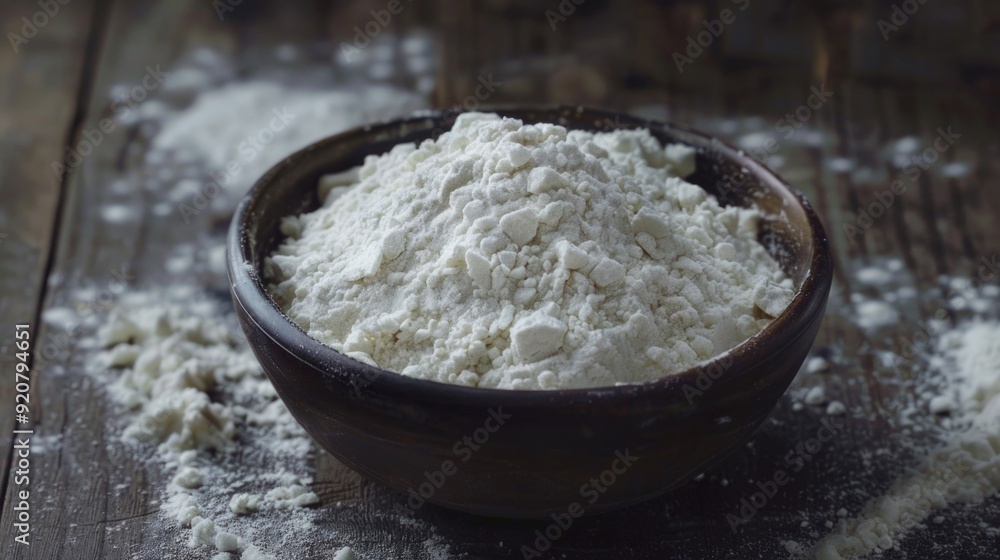 Flour in a wooden bowl on a table, commonly used as an essential baking ingredient. Flour in a wooden bowl on a table, commonly used as an essential baking ingredient.