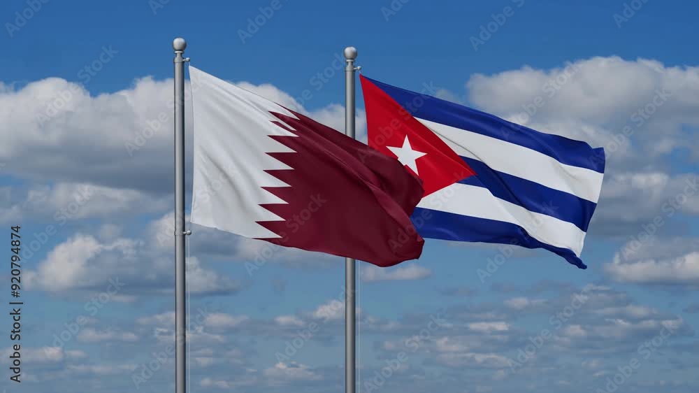 Cuba and Qatar flags flying together, video concept of the relationship, two country cooperation concept Cuba and Qatar flags flying together, video concept of the relationship, two country cooperation concept
