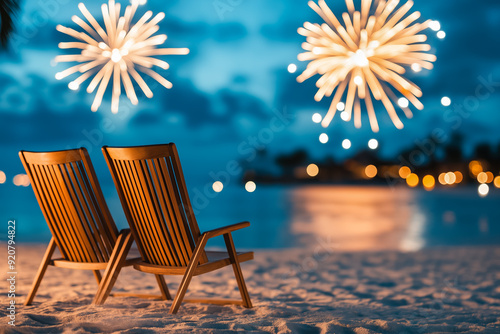 Fireworks illuminating a tropical beach resort on New Years background with empty space for text  photo