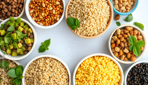 A variety of grains and legumes in bowls ready for a healthy meal isolated with white highlights, png photo