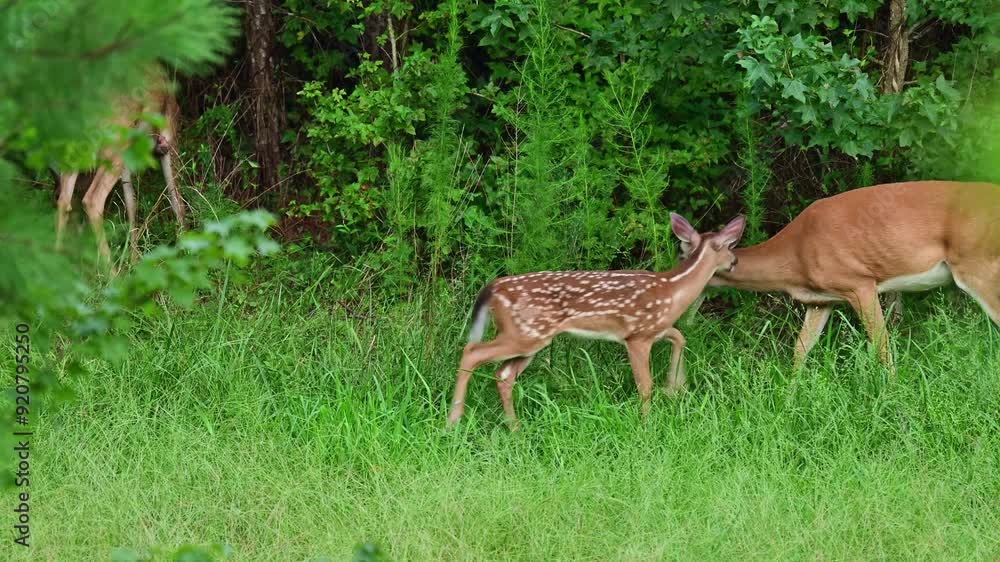 Small herd of Whitetail does and fauns grazing in glade at the edge of woods Small herd of Whitetail does and fauns grazing in glade at the edge of woods