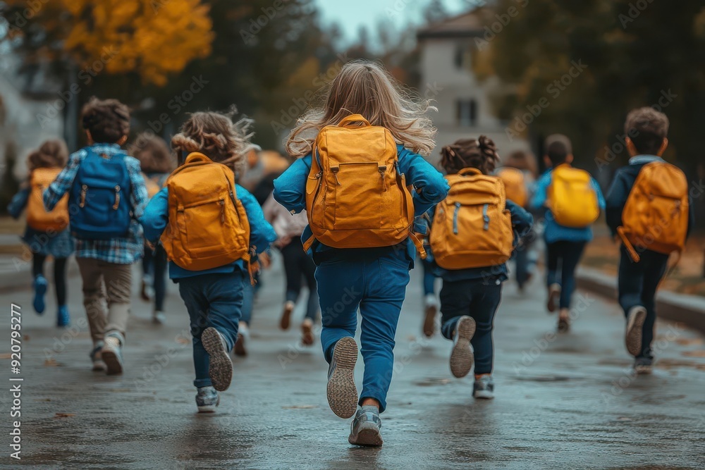 energetic scene of diverse elementary school children running colorful backpacks bouncing viewed from behind playground or school hallway setting energetic scene of diverse elementary school children running colorful backpacks bouncing viewed from behind playground or school hallway setting