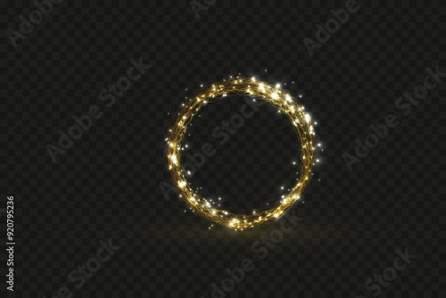 Vector light line effect of golden circle. Luminous fire trail on a transparent background. Light round line with an advantage effect. Golden dust circle light png.
