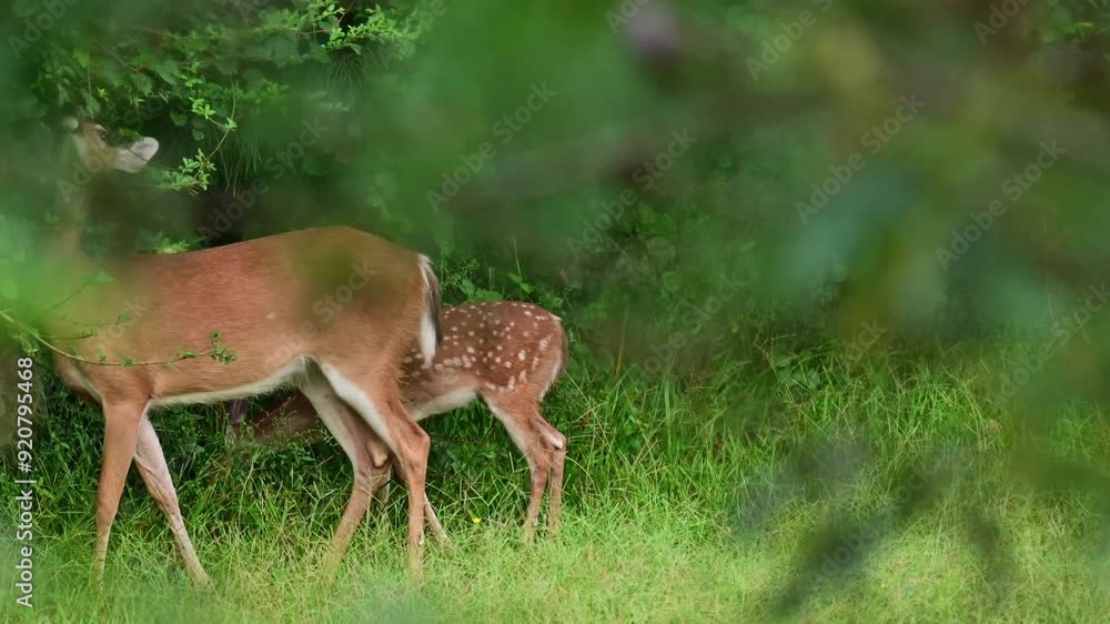Whitetail doe and faun grazing in glade at the edge of woods Whitetail doe and faun grazing in glade at the edge of woods