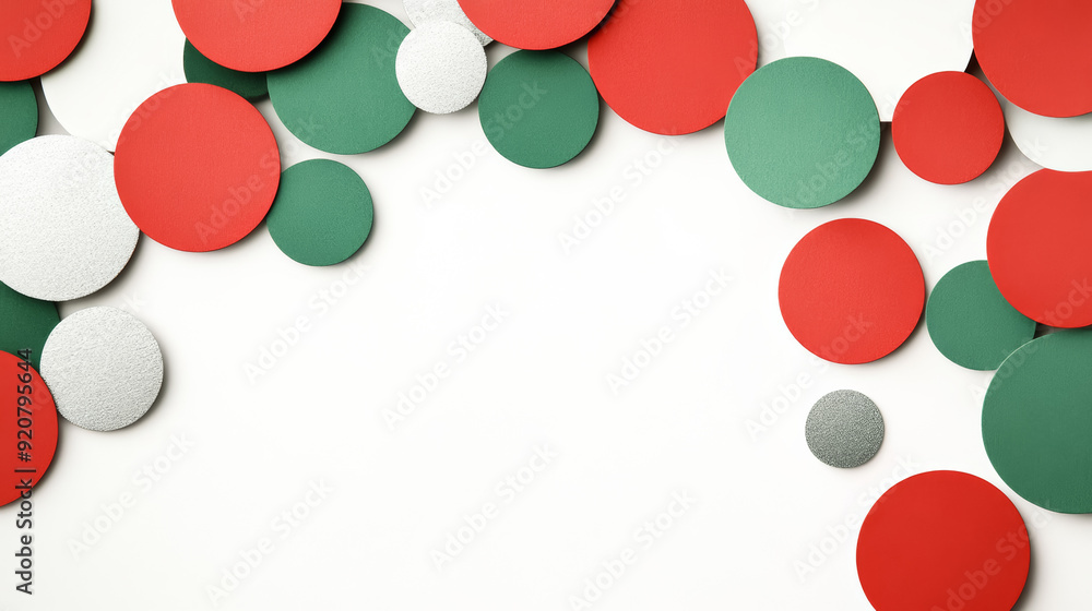Fototapeta premium Simple Christmas background with circular geometric shapes in red and green on a soft gradient from white to silver 