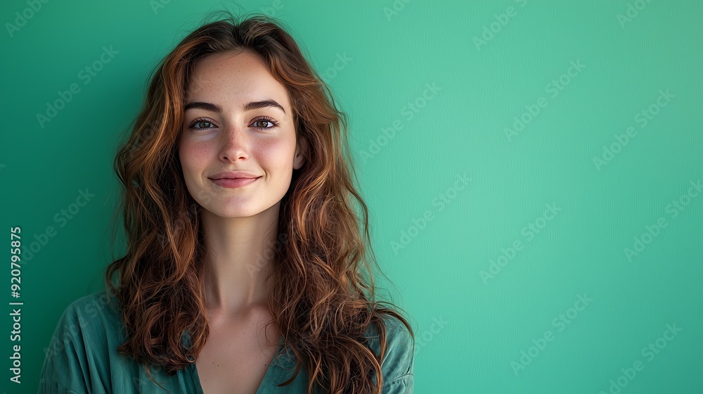 Young woman with wavy hair smiling confidently while standing in front of a green wall in casual attire. Young woman with wavy hair smiling confidently while standing in front of a green wall in casual attire.