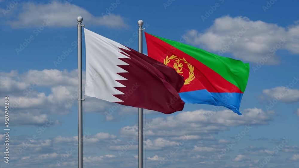Eritrea and Qatar flags flying together, video concept of the relationship, two country cooperation concept Eritrea and Qatar flags flying together, video concept of the relationship, two country cooperation concept