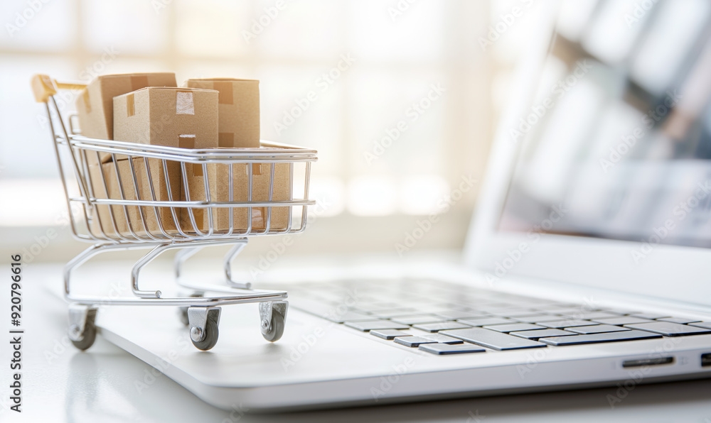 Miniature shopping cart filled with cardboard boxes on laptop keyboard, symbolizing e-commerce Miniature shopping cart filled with cardboard boxes on laptop keyboard, symbolizing e-commerce