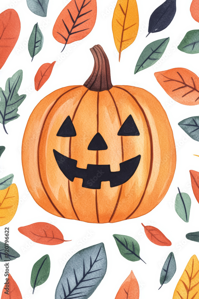 Watercolor illustration of a pumpkin surrounded by falling leaves in vibrant autumn hues for Halloween bright simple watercolour background Watercolor illustration of a pumpkin surrounded by falling leaves in vibrant autumn hues for Halloween bright simple watercolour background