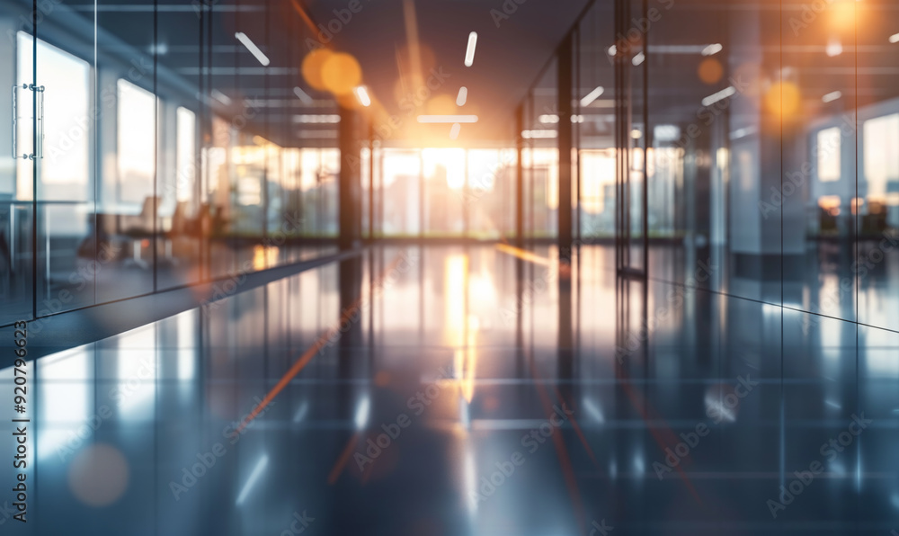 Modern office corridor with glass walls, bathed in warm sunlight, creating a sleek, reflective, and contemporary workspace environment Modern office corridor with glass walls, bathed in warm sunlight, creating a sleek, reflective, and contemporary workspace environment