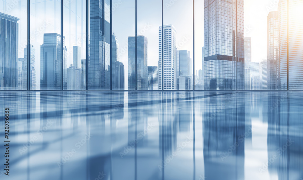 Panoramic view of a modern office interior with floor-to-ceiling glass windows showcasing a cityscape of skyscrapers, creating a sleek and urban business environment Panoramic view of a modern office interior with floor-to-ceiling glass windows showcasing a cityscape of skyscrapers, creating a sleek and urban business environment