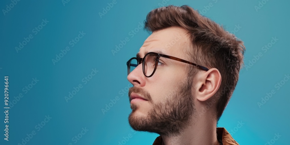 Fototapeta premium This is a portrait of a young man wearing glasses and smiling. He has modern style, with casual attire, and appears friendly and approachable.
