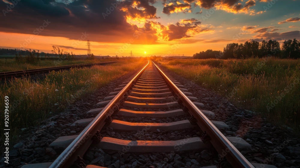 Railway track in the evening in sunset. Track railway train for transportation, Rail road Railway track in the evening in sunset. Track railway train for transportation, Rail road
