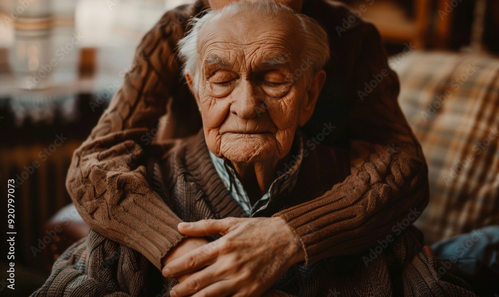 An elderly man sits peacefully with his eyes closed, warmly embraced from behind, capturing a tender moment of love and care An elderly man sits peacefully with his eyes closed, warmly embraced from behind, capturing a tender moment of love and care