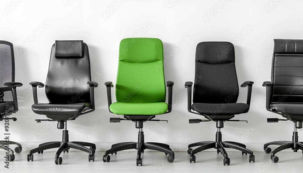 Vacant position. Green office chair among black ones on white background, banner design Vacant position. Green office chair among black ones on white background, banner design