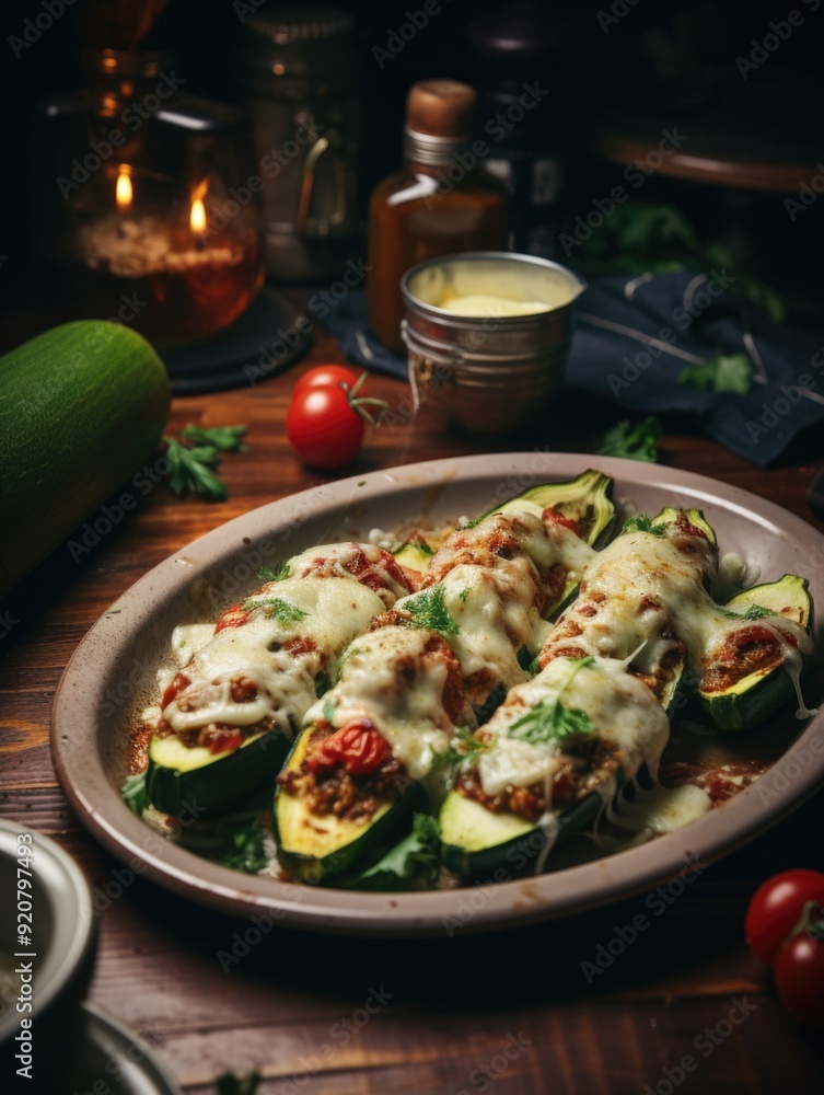 A creative vegetarian dish with zucchini stuffed and baked, served in a rustic setting. Suitable for cooking enthusiasts. A creative vegetarian dish with zucchini stuffed and baked, served in a rustic setting. Suitable for cooking enthusiasts.