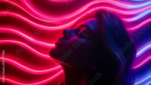 Visualize a futuristic portrait where the subject is surrounded by undulating waves of neon light. The waves are vibrant and psychedelic, creating a sense of motion and fluidity. The personâ€™s aura g photo