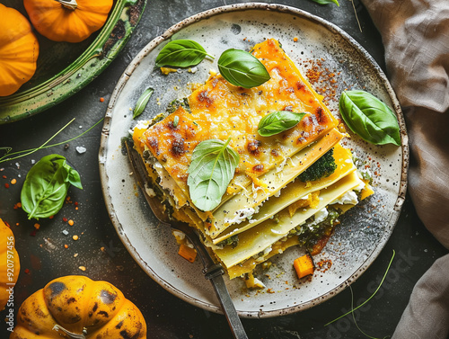 Pumpkin lasagna with veggies. Autumn seasonal menu.