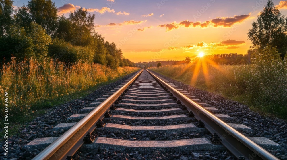 Railway track in the evening in sunset. Track railway train for transportation, Rail road Railway track in the evening in sunset. Track railway train for transportation, Rail road