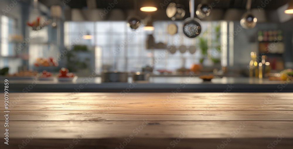 Wooden countertop with blurred professional kitchen background, creating a warm and inviting atmosphere, ideal for product display or culinary themes Wooden countertop with blurred professional kitchen background, creating a warm and inviting atmosphere, ideal for product display or culinary themes