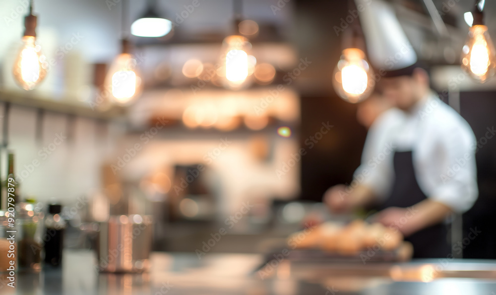 Blurred professional kitchen with warm lighting and indistinct chefs working in the background, creating an inviting atmosphere with a focus on culinary arts Blurred professional kitchen with warm lighting and indistinct chefs working in the background, creating an inviting atmosphere with a focus on culinary arts