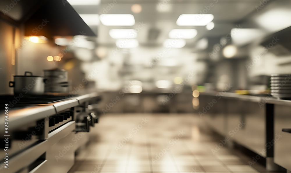 Blurred view of an empty professional kitchen with stainless steel surfaces and cooking equipment, highlighting a clean, organized workspace Blurred view of an empty professional kitchen with stainless steel surfaces and cooking equipment, highlighting a clean, organized workspace